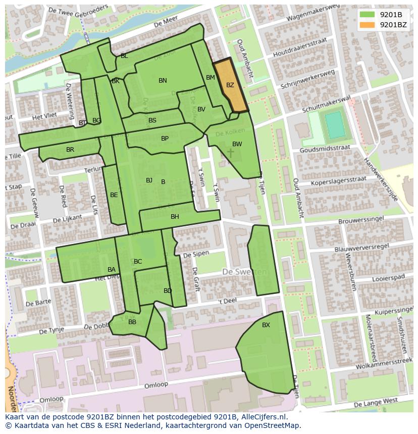 Afbeelding van het postcodegebied 9201 BZ op de kaart.
