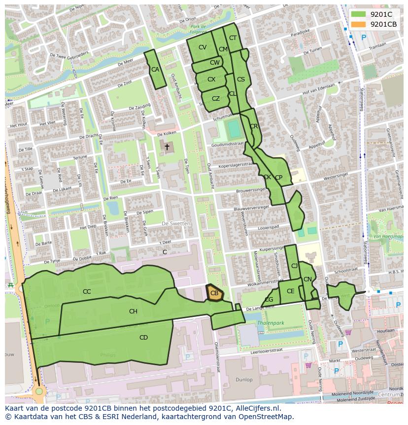Afbeelding van het postcodegebied 9201 CB op de kaart.