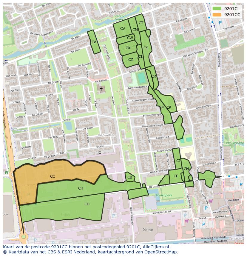 Afbeelding van het postcodegebied 9201 CC op de kaart.