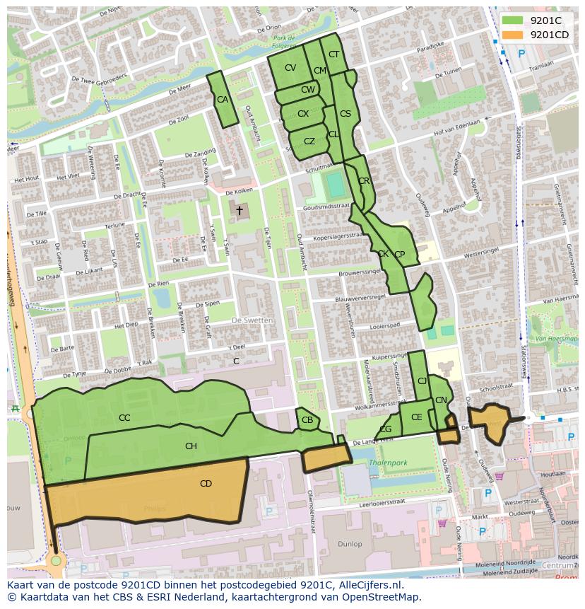 Afbeelding van het postcodegebied 9201 CD op de kaart.