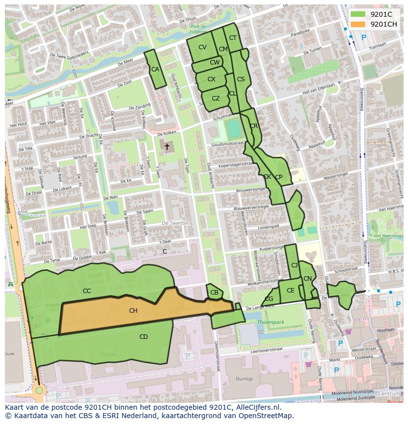 Afbeelding van het postcodegebied 9201 CH op de kaart.
