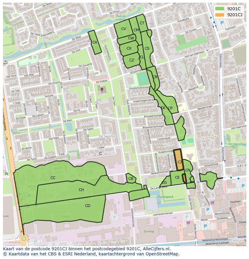 Afbeelding van het postcodegebied 9201 CJ op de kaart.
