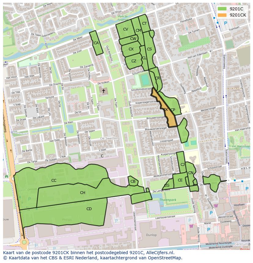 Afbeelding van het postcodegebied 9201 CK op de kaart.