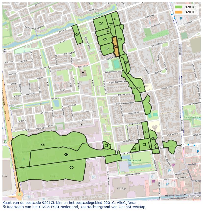 Afbeelding van het postcodegebied 9201 CL op de kaart.