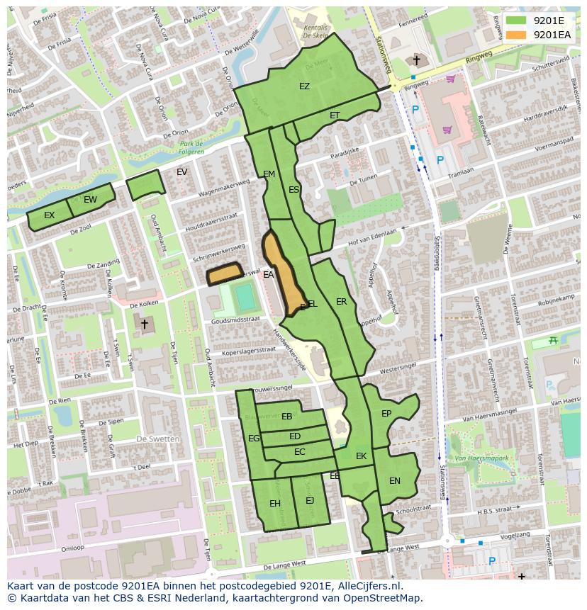 Afbeelding van het postcodegebied 9201 EA op de kaart.