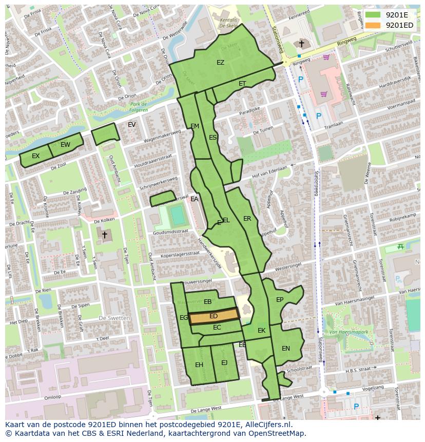 Afbeelding van het postcodegebied 9201 ED op de kaart.