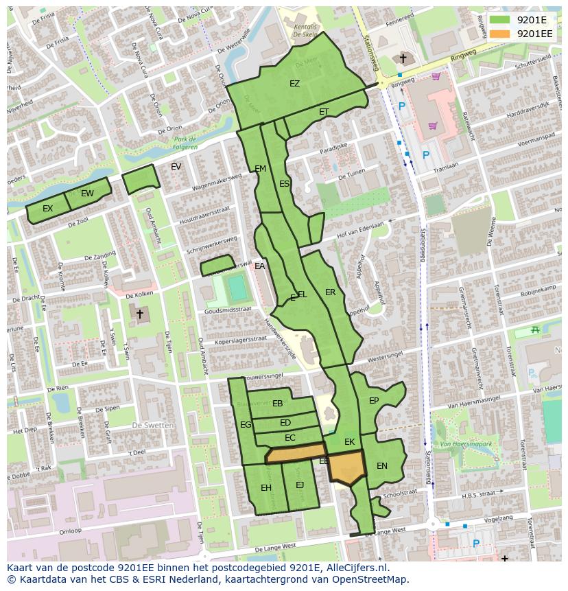 Afbeelding van het postcodegebied 9201 EE op de kaart.