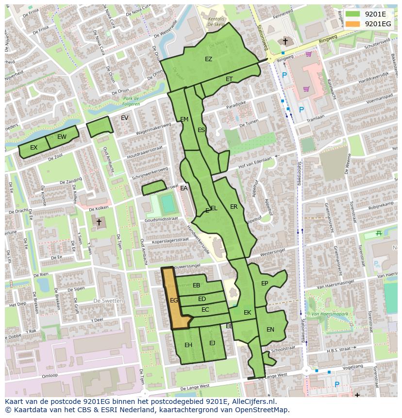 Afbeelding van het postcodegebied 9201 EG op de kaart.
