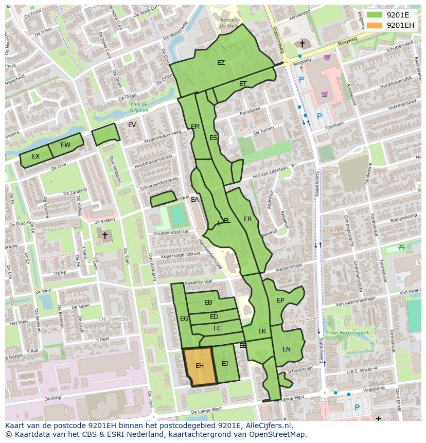 Afbeelding van het postcodegebied 9201 EH op de kaart.