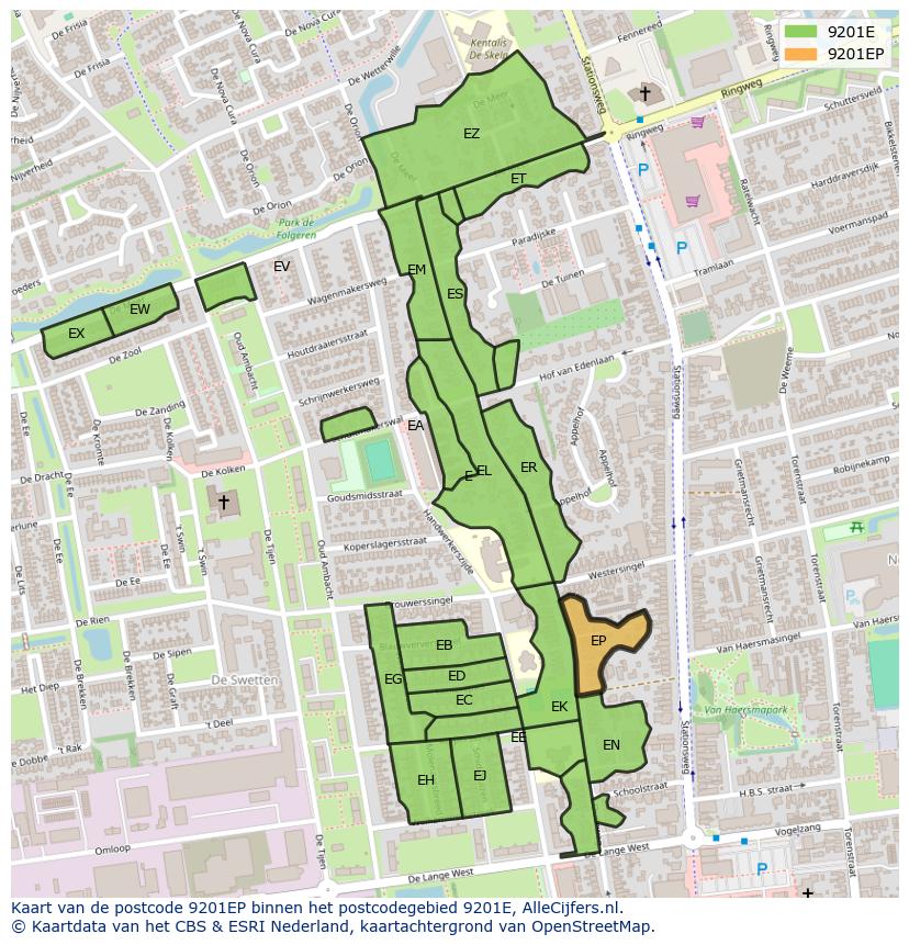 Afbeelding van het postcodegebied 9201 EP op de kaart.