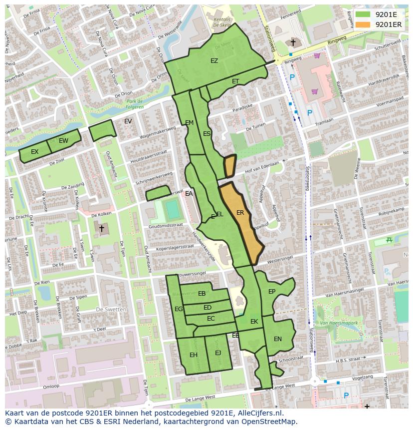 Afbeelding van het postcodegebied 9201 ER op de kaart.
