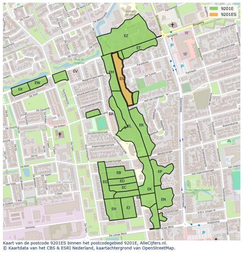 Afbeelding van het postcodegebied 9201 ES op de kaart.