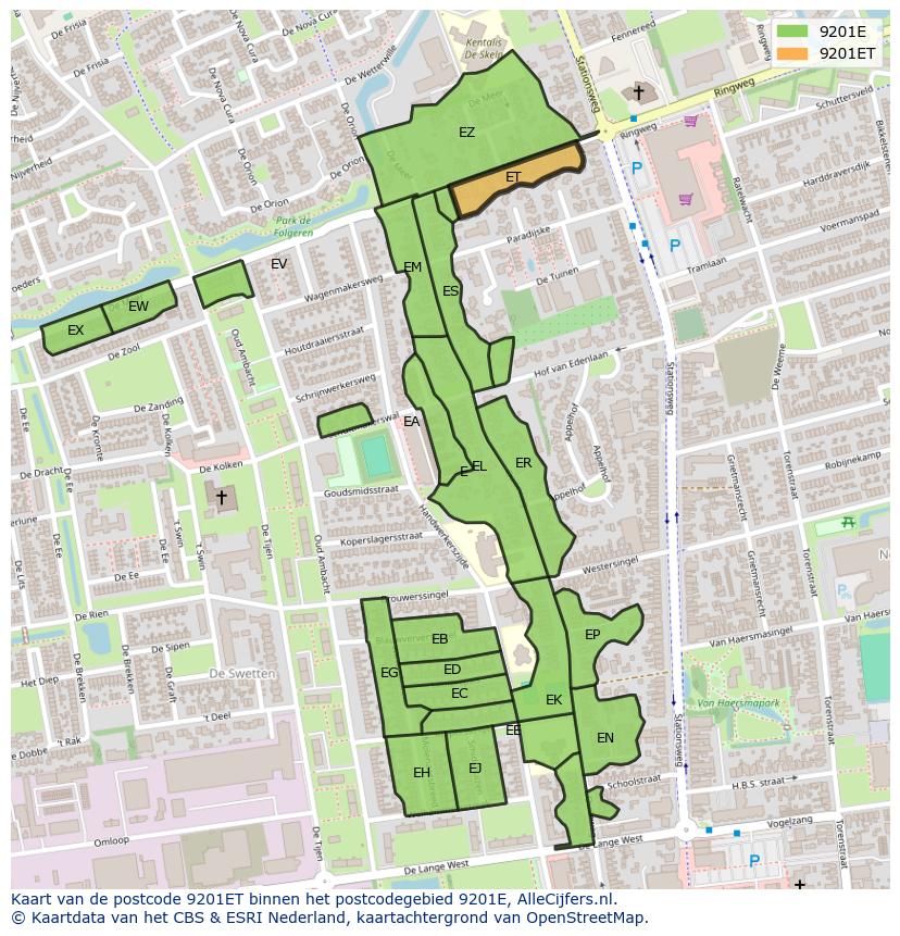 Afbeelding van het postcodegebied 9201 ET op de kaart.