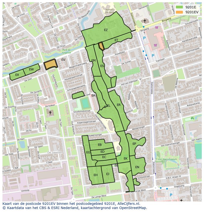 Afbeelding van het postcodegebied 9201 EV op de kaart.