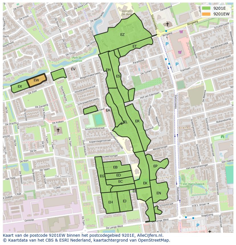 Afbeelding van het postcodegebied 9201 EW op de kaart.