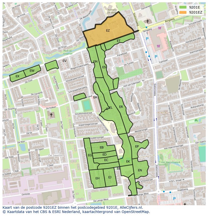 Afbeelding van het postcodegebied 9201 EZ op de kaart.