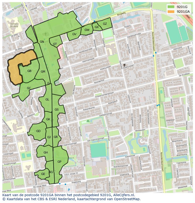 Afbeelding van het postcodegebied 9201 GA op de kaart.