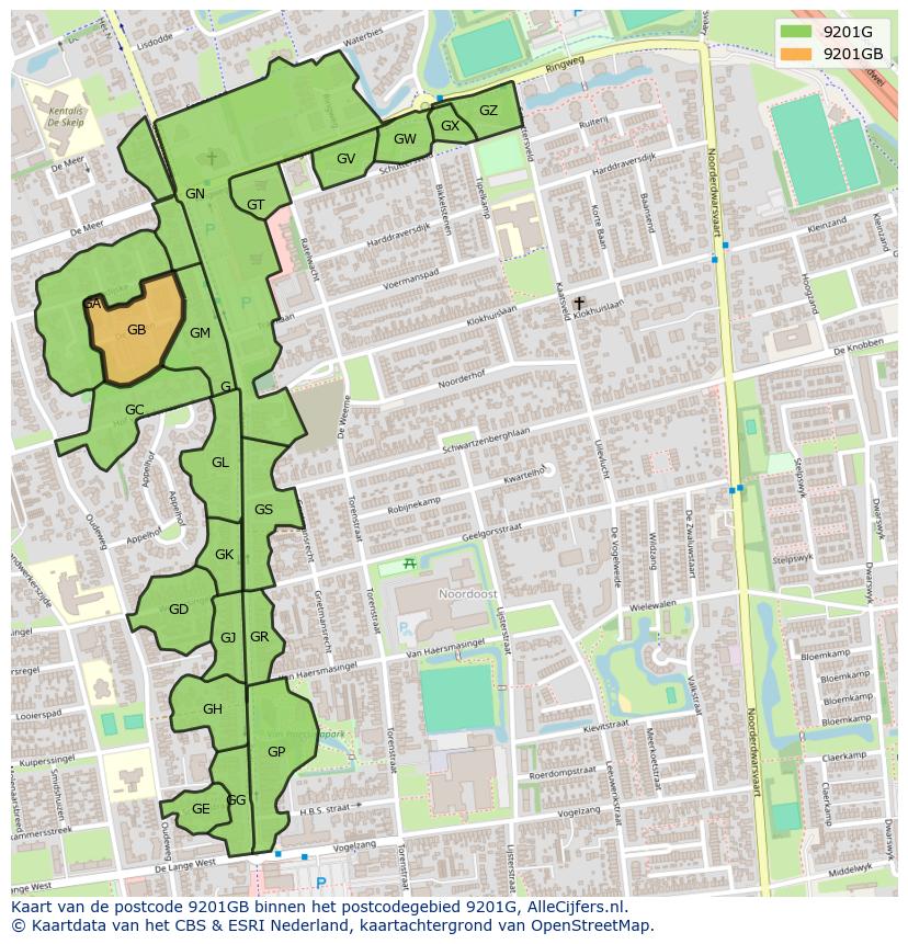 Afbeelding van het postcodegebied 9201 GB op de kaart.