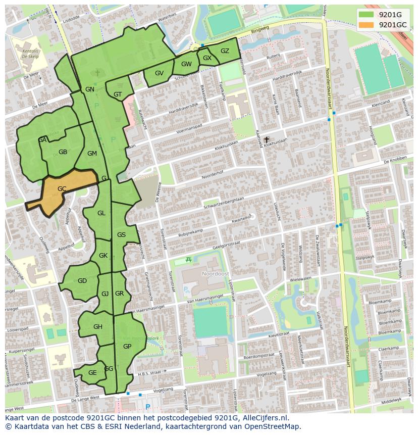Afbeelding van het postcodegebied 9201 GC op de kaart.