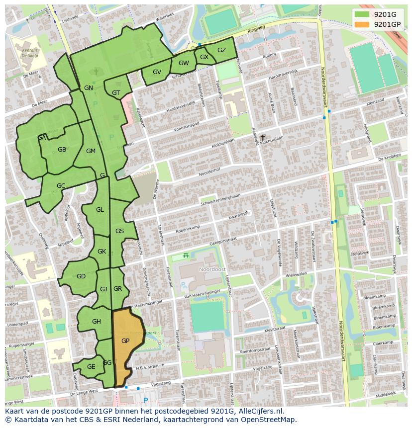 Afbeelding van het postcodegebied 9201 GP op de kaart.