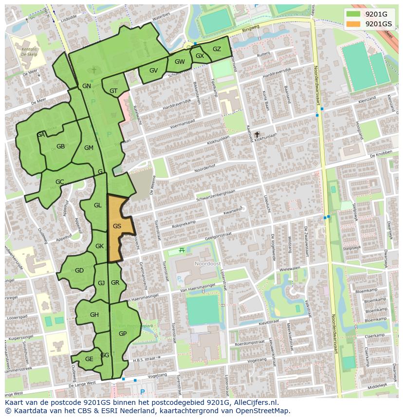 Afbeelding van het postcodegebied 9201 GS op de kaart.