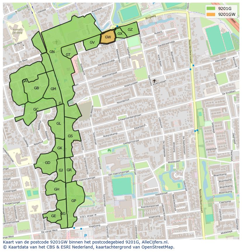 Afbeelding van het postcodegebied 9201 GW op de kaart.