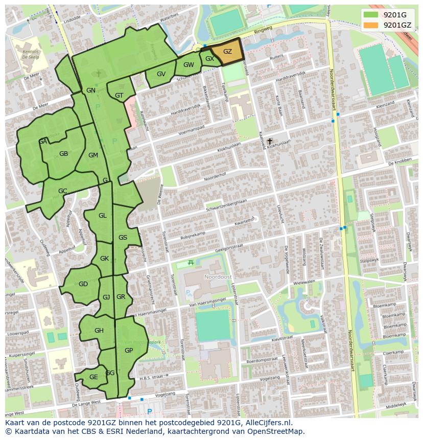 Afbeelding van het postcodegebied 9201 GZ op de kaart.