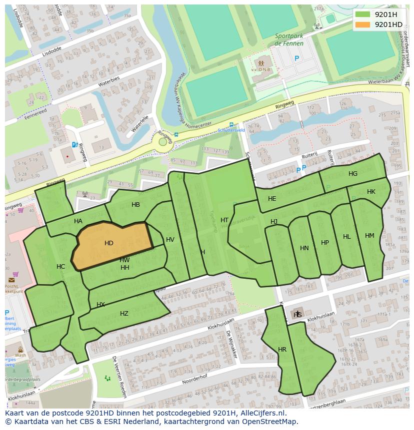 Afbeelding van het postcodegebied 9201 HD op de kaart.