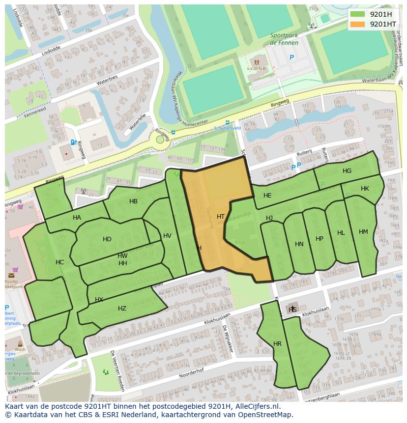 Afbeelding van het postcodegebied 9201 HT op de kaart.