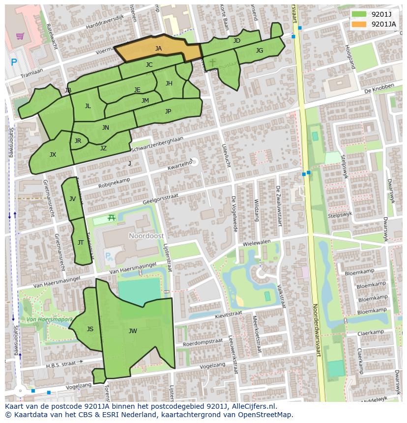 Afbeelding van het postcodegebied 9201 JA op de kaart.