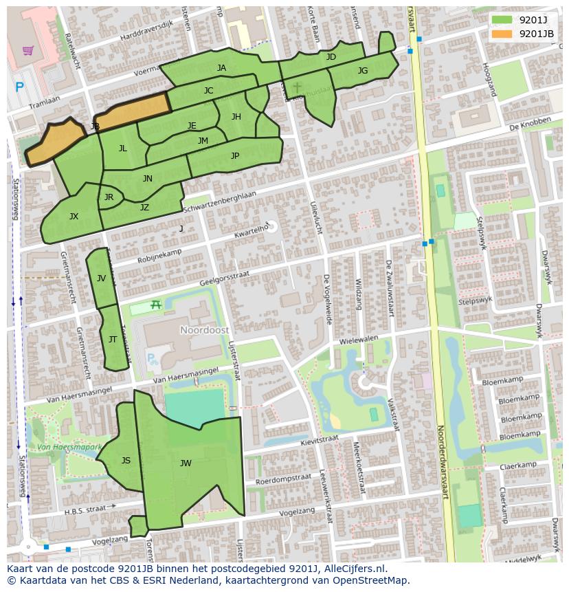 Afbeelding van het postcodegebied 9201 JB op de kaart.