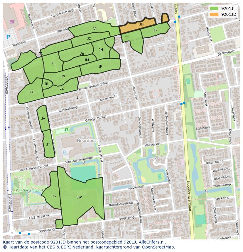 Afbeelding van het postcodegebied 9201 JD op de kaart.