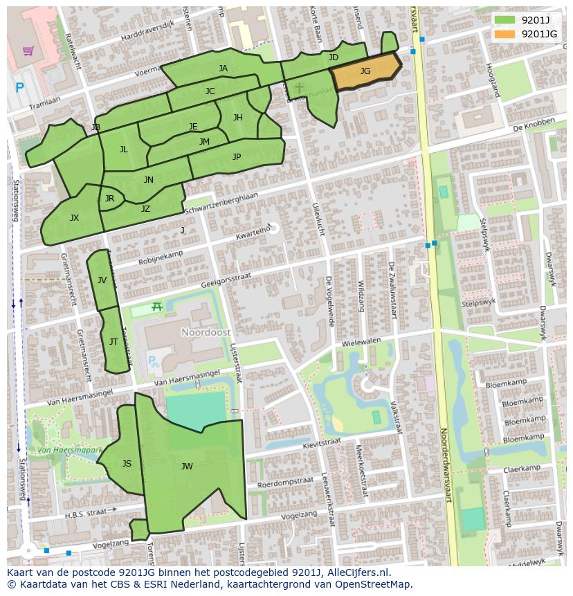 Afbeelding van het postcodegebied 9201 JG op de kaart.