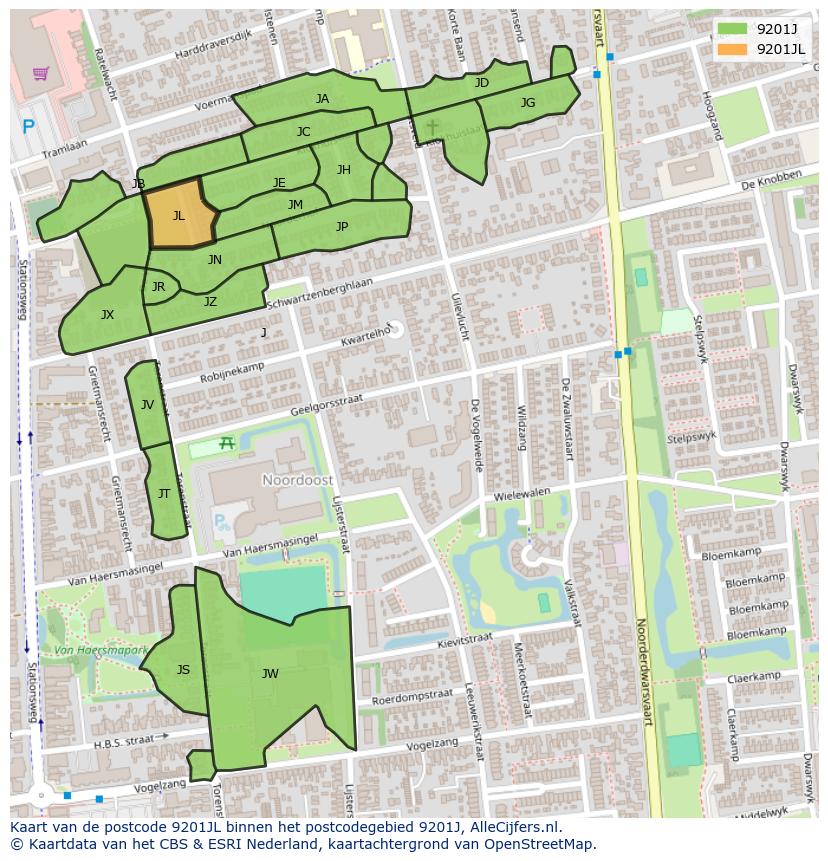 Afbeelding van het postcodegebied 9201 JL op de kaart.