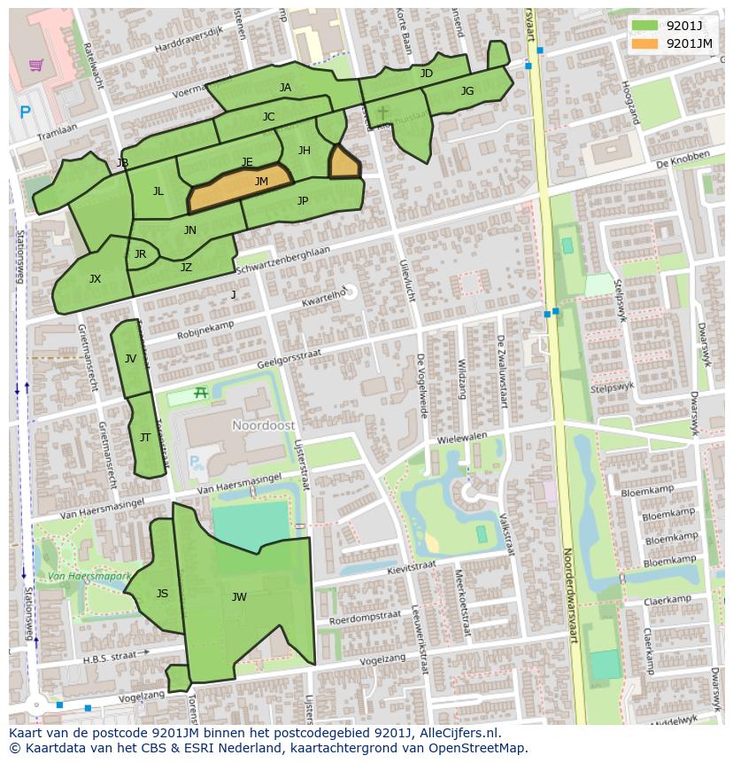 Afbeelding van het postcodegebied 9201 JM op de kaart.