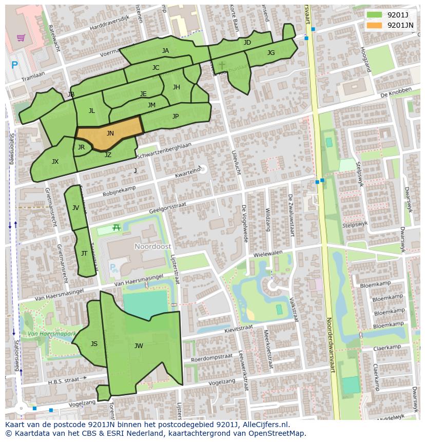 Afbeelding van het postcodegebied 9201 JN op de kaart.