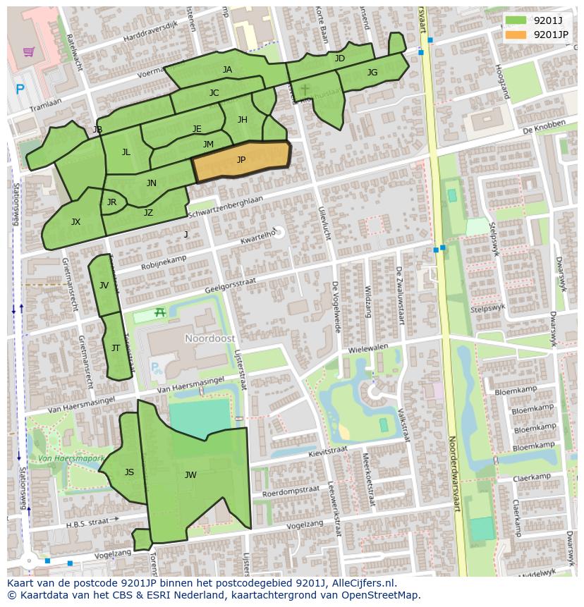 Afbeelding van het postcodegebied 9201 JP op de kaart.