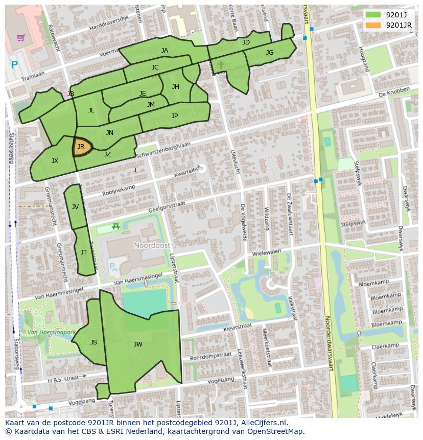Afbeelding van het postcodegebied 9201 JR op de kaart.