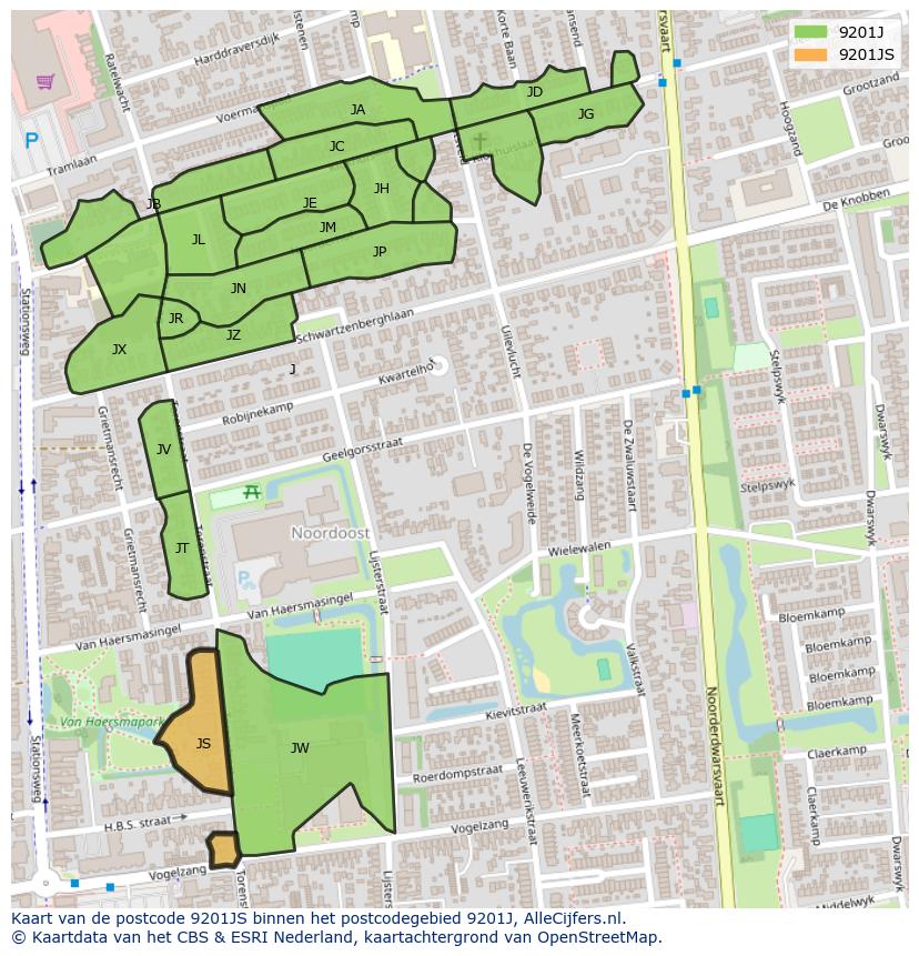 Afbeelding van het postcodegebied 9201 JS op de kaart.