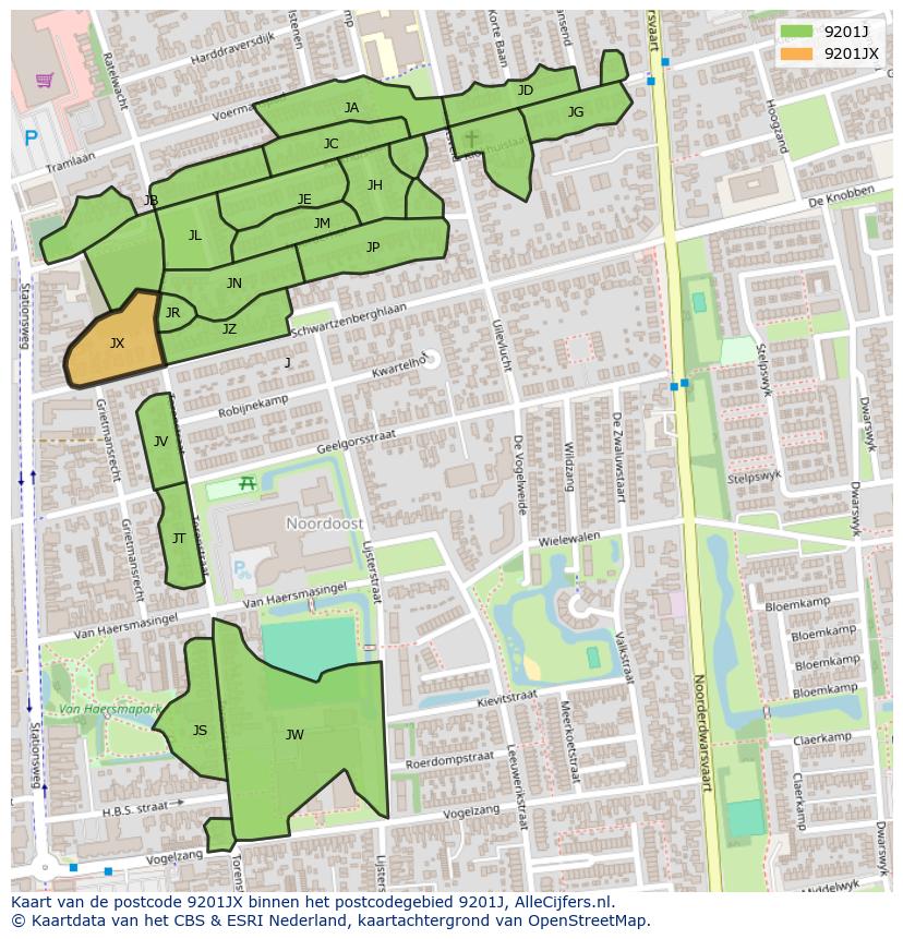 Afbeelding van het postcodegebied 9201 JX op de kaart.