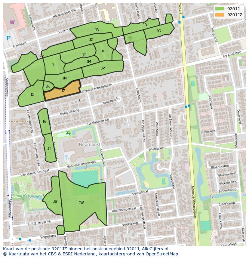 Afbeelding van het postcodegebied 9201 JZ op de kaart.
