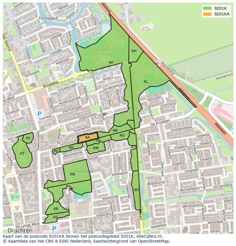 Afbeelding van het postcodegebied 9201 KA op de kaart.