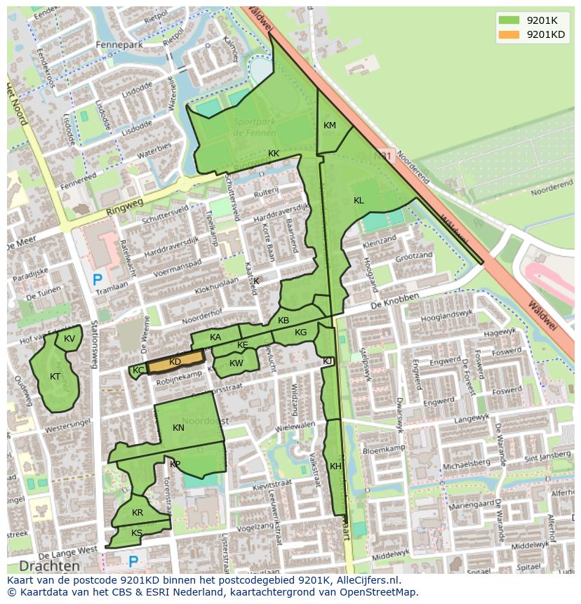 Afbeelding van het postcodegebied 9201 KD op de kaart.