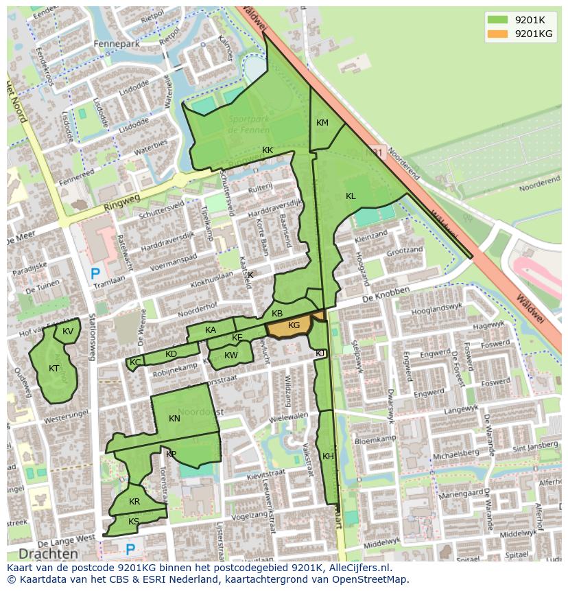 Afbeelding van het postcodegebied 9201 KG op de kaart.