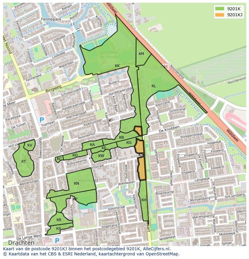 Afbeelding van het postcodegebied 9201 KJ op de kaart.