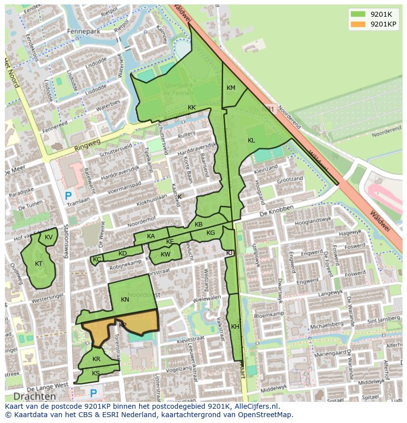Afbeelding van het postcodegebied 9201 KP op de kaart.