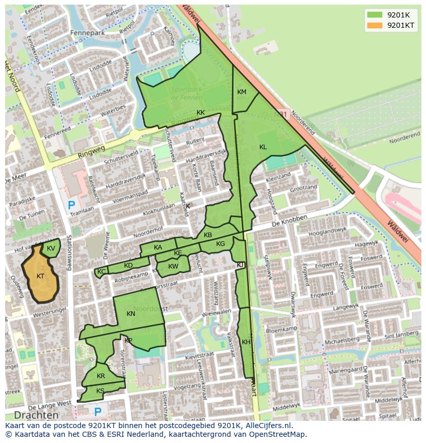Afbeelding van het postcodegebied 9201 KT op de kaart.