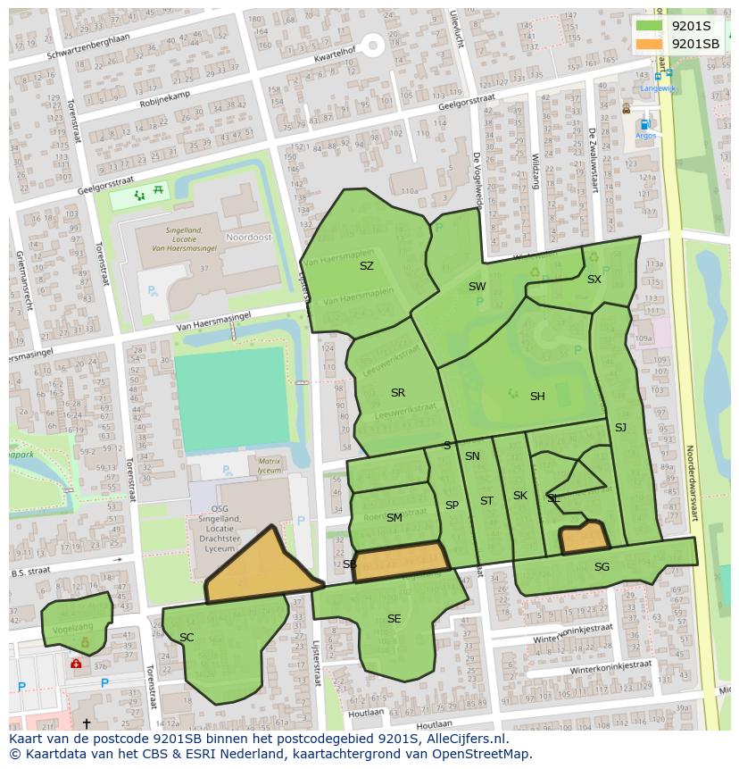 Afbeelding van het postcodegebied 9201 SB op de kaart.