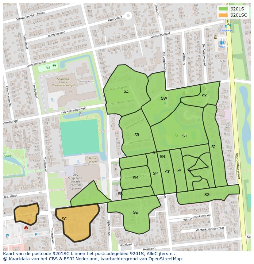 Afbeelding van het postcodegebied 9201 SC op de kaart.