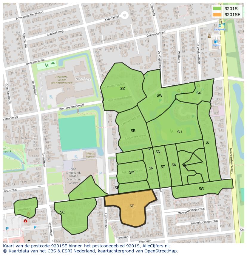 Afbeelding van het postcodegebied 9201 SE op de kaart.